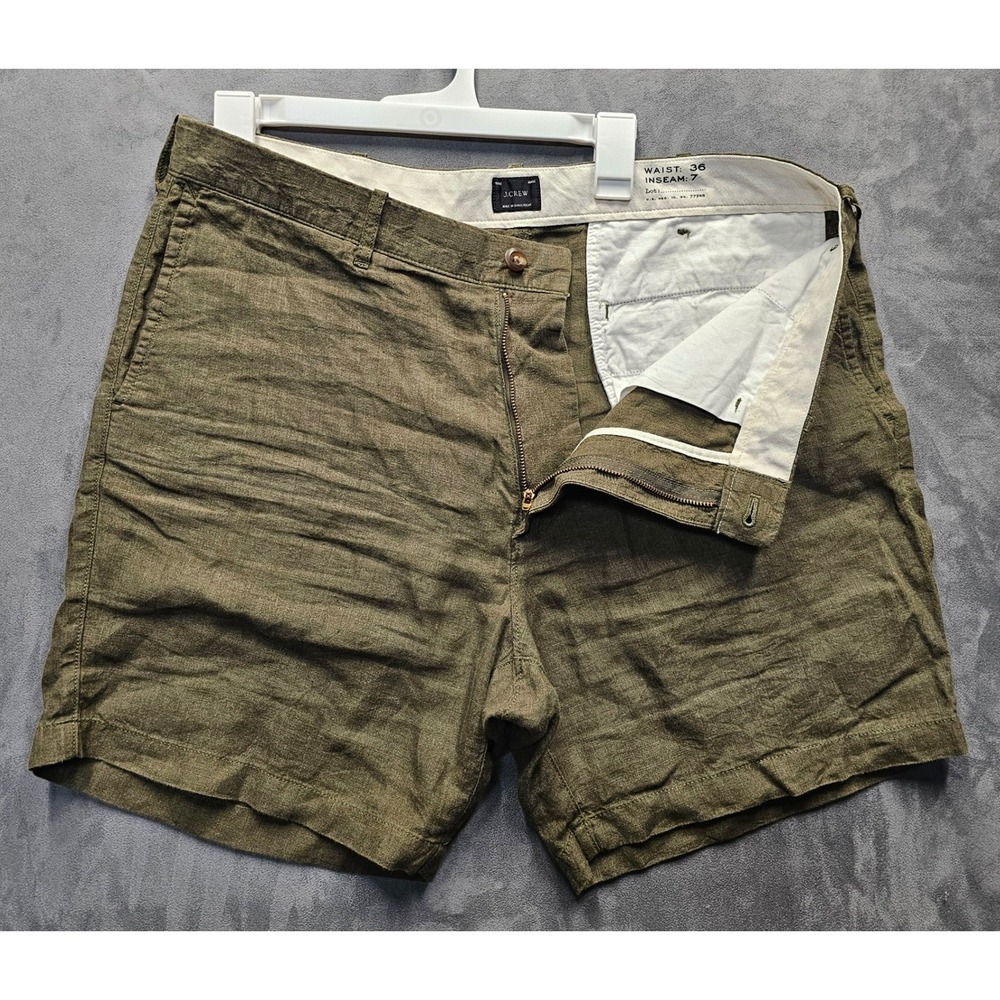 J.CREW Men's Olive Green 100% Linen Shorts 7 Inseam Size 36 (38) BO856